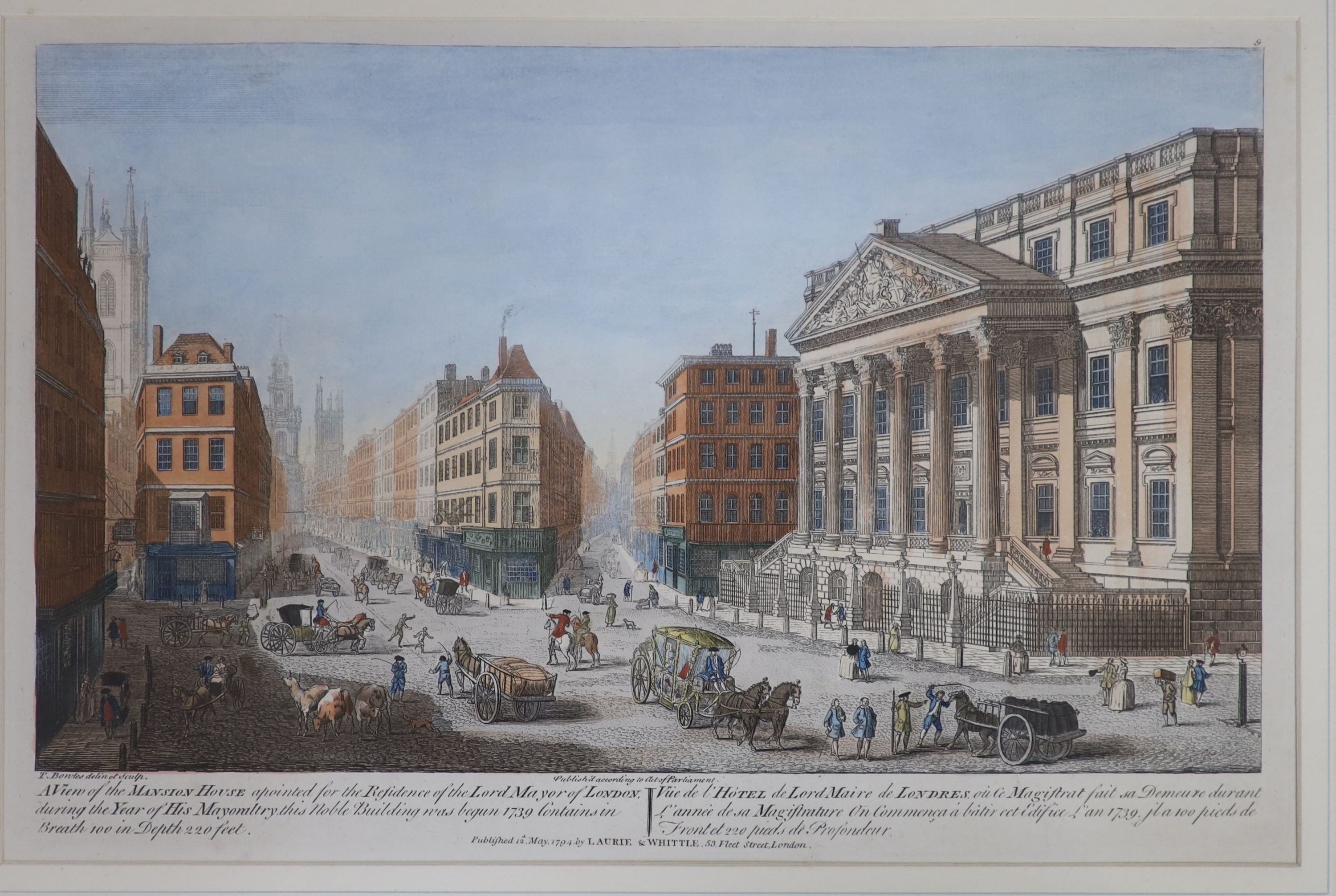 Thomas Bowles, (c.1712-1767), coloured engraving, 'A view of the Mansion House, .. London, appointed for the residence of the Lord Mayor of London', published by Laurie & Whittle, 1794, 26 x 40cm and a coloured aquatint